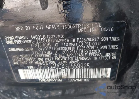 2016 Subaru Forester 2.5I Premium z USA, uszkodzony, nr VIN JF2SJADCXGH559925